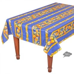 60x138" Rectangular Lemons Blue Acrylic-Coated Cotton Tablecloth By Tissus Toselli