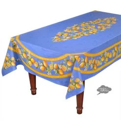 60x96" Rectangular Lemons Blue Acrylic-Coated Cotton Tablecloth By Tissus Toselli