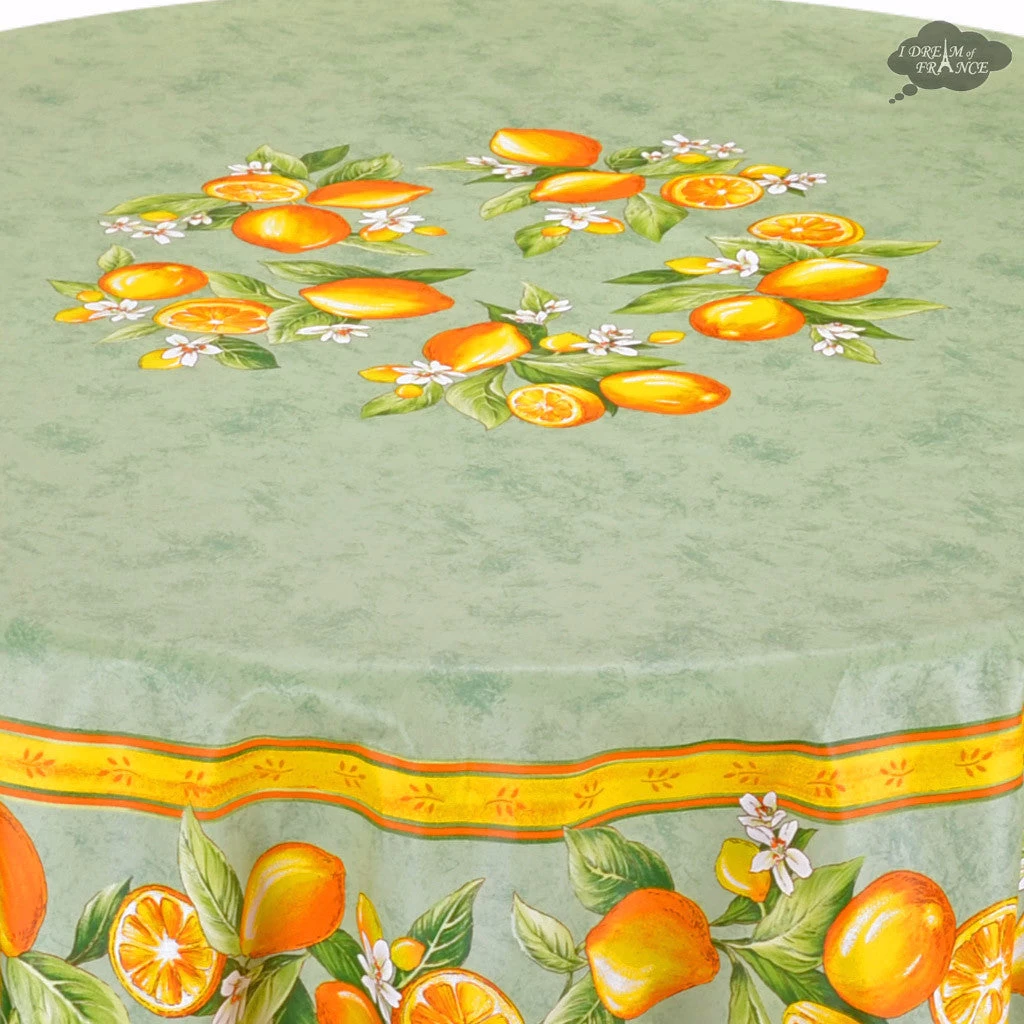 90" Round Lemons Green Acrylic-Coated Cotton Tablecloth By Tissus Toselli 4 90" Round Lemons Green Acrylic-Coated Cotton Tablecloth By Tissus Toselli - Image 2
