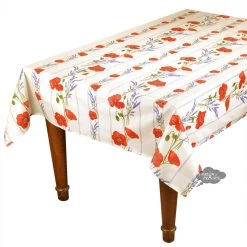 60x78" Rectangular Poppies Cream Acrylic-Coated Cotton Tablecloth By Tissus Toselli