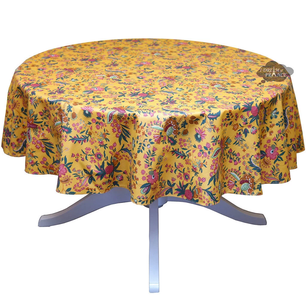 60" Round Versailles Yellow Acrylic-Coated Cotton Provence Tablecloth By Le Cluny 3 60" Round Versailles Yellow Acrylic-Coated Cotton Provence Tablecloth By Le Cluny