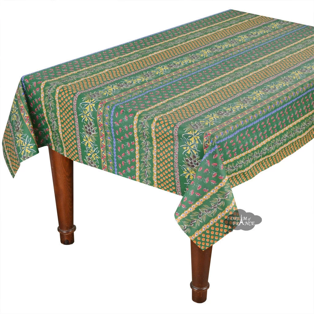 60x132" Rectangular Olives Green Acrylic-Coated Cotton Provence Tablecloth By Le Cluny 3 60x132" Rectangular Olives Green Acrylic-Coated Cotton Provence Tablecloth By Le Cluny