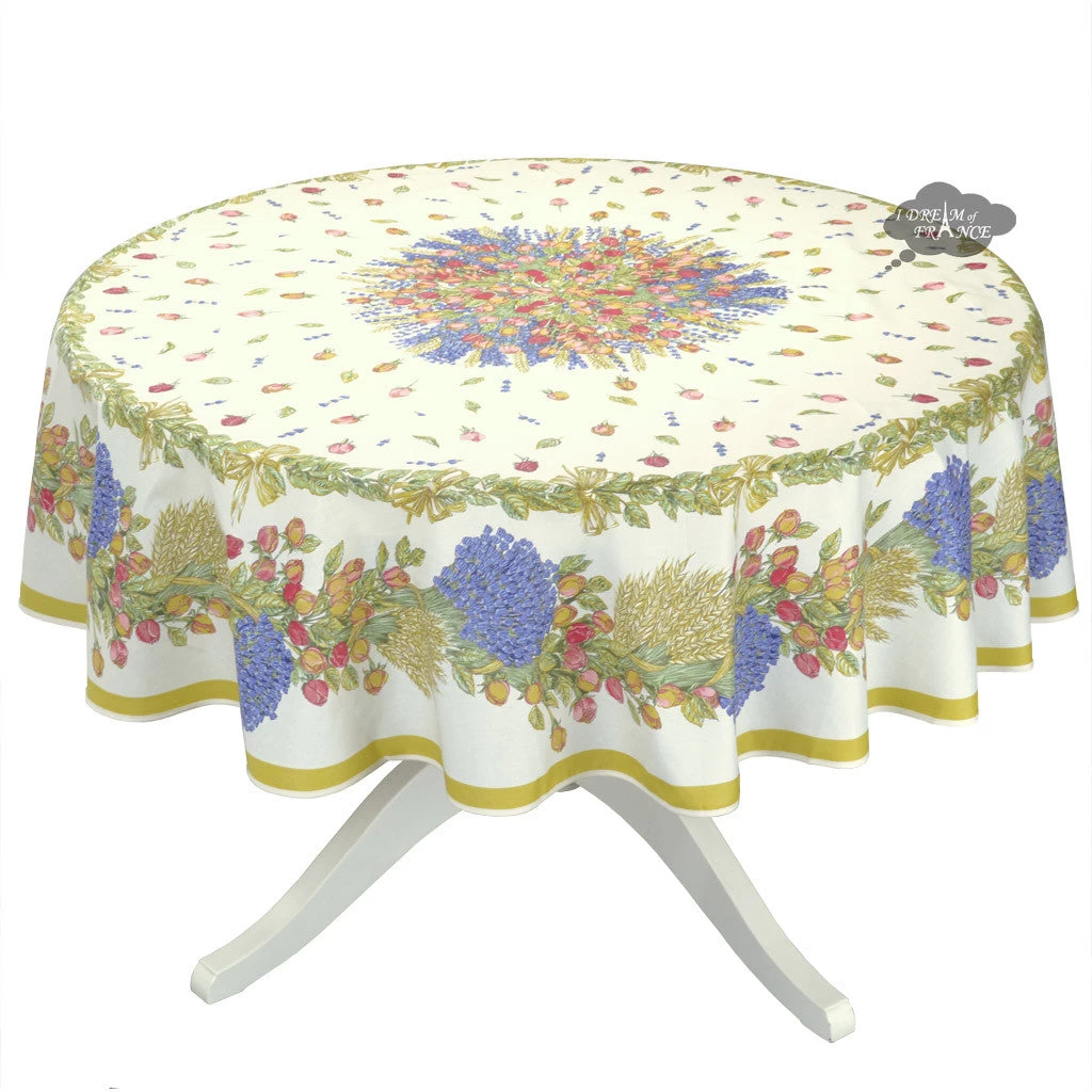 70" Round Roses & Lavender Acrylic-Coated Cotton Tablecloth By Tissus Toselli 3 70" Round Roses & Lavender Acrylic-Coated Cotton Tablecloth By Tissus Toselli