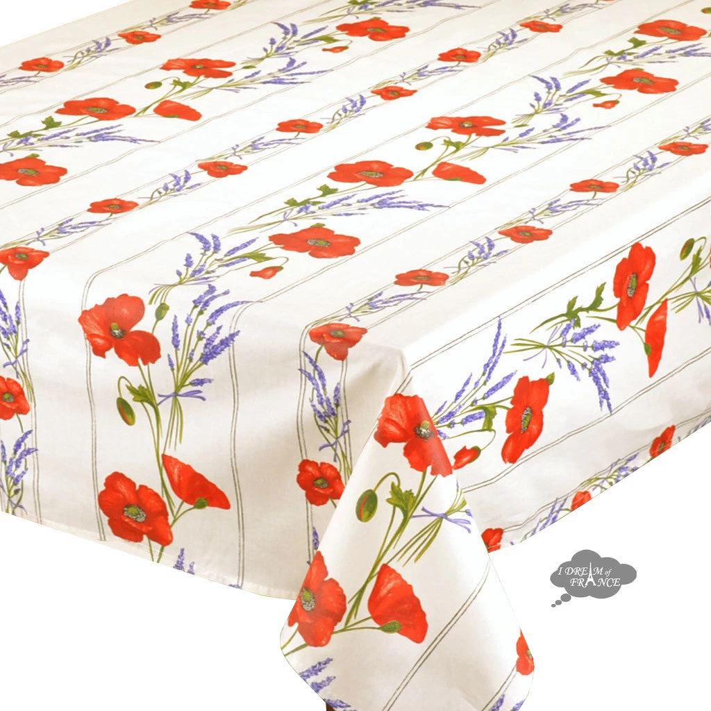 58" Square Poppies Cream Acrylic-Coated Cotton Tablecloth By Tissus Toselli 4 58" Square Poppies Cream Acrylic-Coated Cotton Tablecloth By Tissus Toselli - Image 2