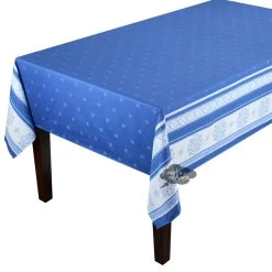 62x138" Rectangular Callas Blue Double-Border French Jacquard Cotton Tablecloth By L'Ensoleillade