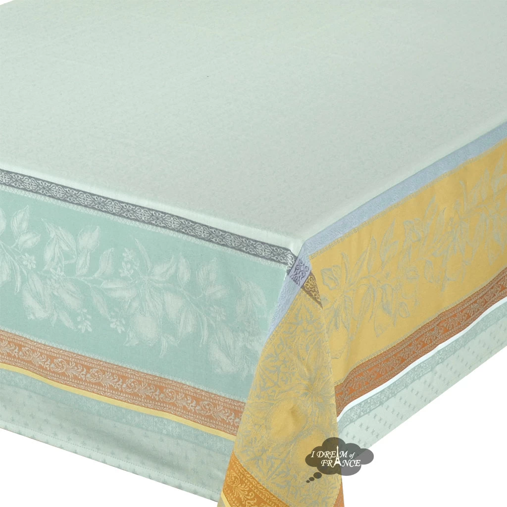 62" Square Cedrat Green & Yellow French Jacquard Tablecloth By Tissus Toselli 4 62" Square Cedrat Green & Yellow French Jacquard Tablecloth By Tissus Toselli - Image 2
