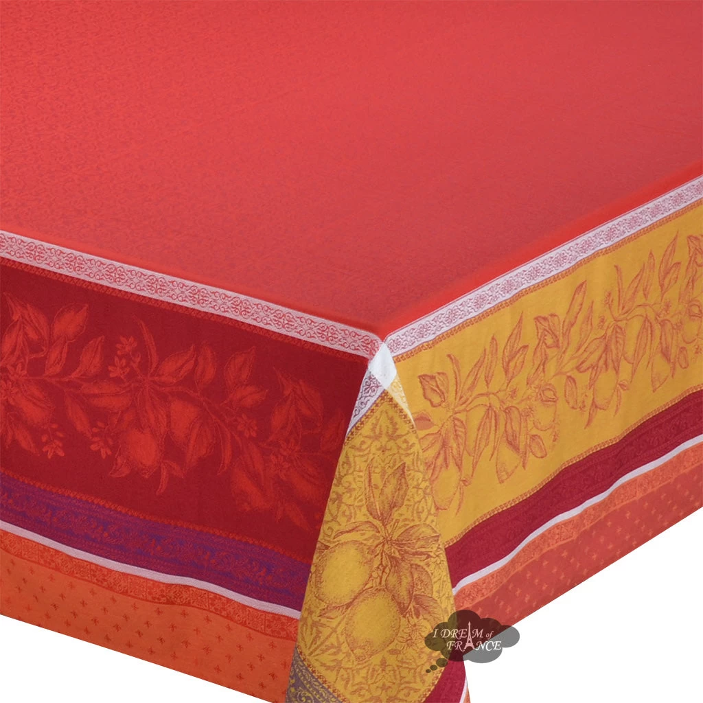 62x138" Rectangular Cedrat Red & Yellow French Jacquard Tablecloth By Tissus Toselli 4 62x138" Rectangular Cedrat Red & Yellow French Jacquard Tablecloth By Tissus Toselli - Image 2