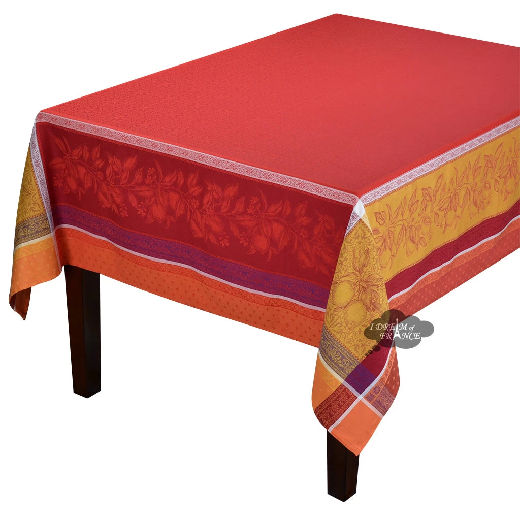 62x138" Rectangular Cedrat Red & Yellow French Jacquard Tablecloth By Tissus Toselli 3 62x138" Rectangular Cedrat Red & Yellow French Jacquard Tablecloth By Tissus Toselli
