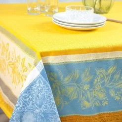62x138" Rectangular Cedrat Yellow & Blue French Jacquard Tablecloth By Tissus Toselli -Home Kitchen And Dining Tablecloth Shop cedrat yellow french jacquard cotton teflon tablecloth tissus toselli a 25b0c3a7 6a74 46c2 817f 512479342b2f