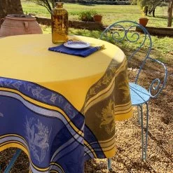 62" Square Citrus Yellow & Blue French Jacquard Tablecloth By L'Ensoleillade -Home Kitchen And Dining Tablecloth Shop citrus blue yellow jacquard french provence tablecloth l ensoleillade bsq