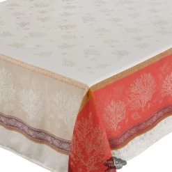 62x78" Rectangular Oceane Coral Red French Jacquard Cotton Tablecloth By L'Ensoleillade -Home Kitchen And Dining Tablecloth Shop french jacquard cotton teflon tablecloth oceane coral red tissus toselli esqw