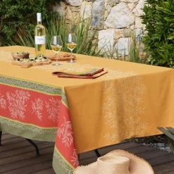 62x78" Rectangular Olive Butterscotch Double Border French Jacquard Tablecloth By L'Ensoleillade -Home Kitchen And Dining Tablecloth Shop french jacquard tablecloth olive curry teflon tablecloth sq