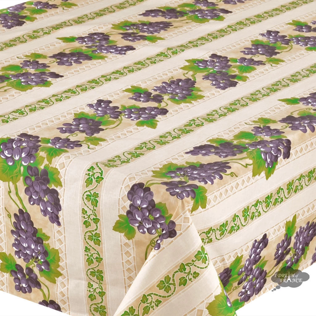 60x96" Rectangular Grapes Cream Acrylic-Coated Cotton Provence Tablecloth By Le Cluny 4 60x96" Rectangular Grapes Cream Acrylic-Coated Cotton Provence Tablecloth By Le Cluny - Image 2