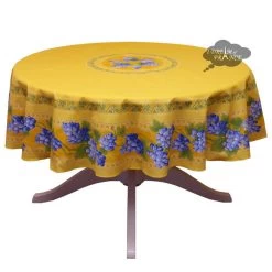70" Round Grapes Yellow Acrylic-Coated Cotton Provence Tablecloth By Le Cluny