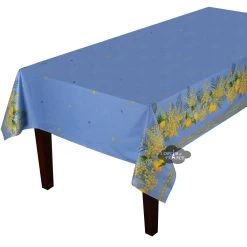 58" Square Lemon & Mimosa Blue Coated Cotton Tablecloth By L'Ensoleillade