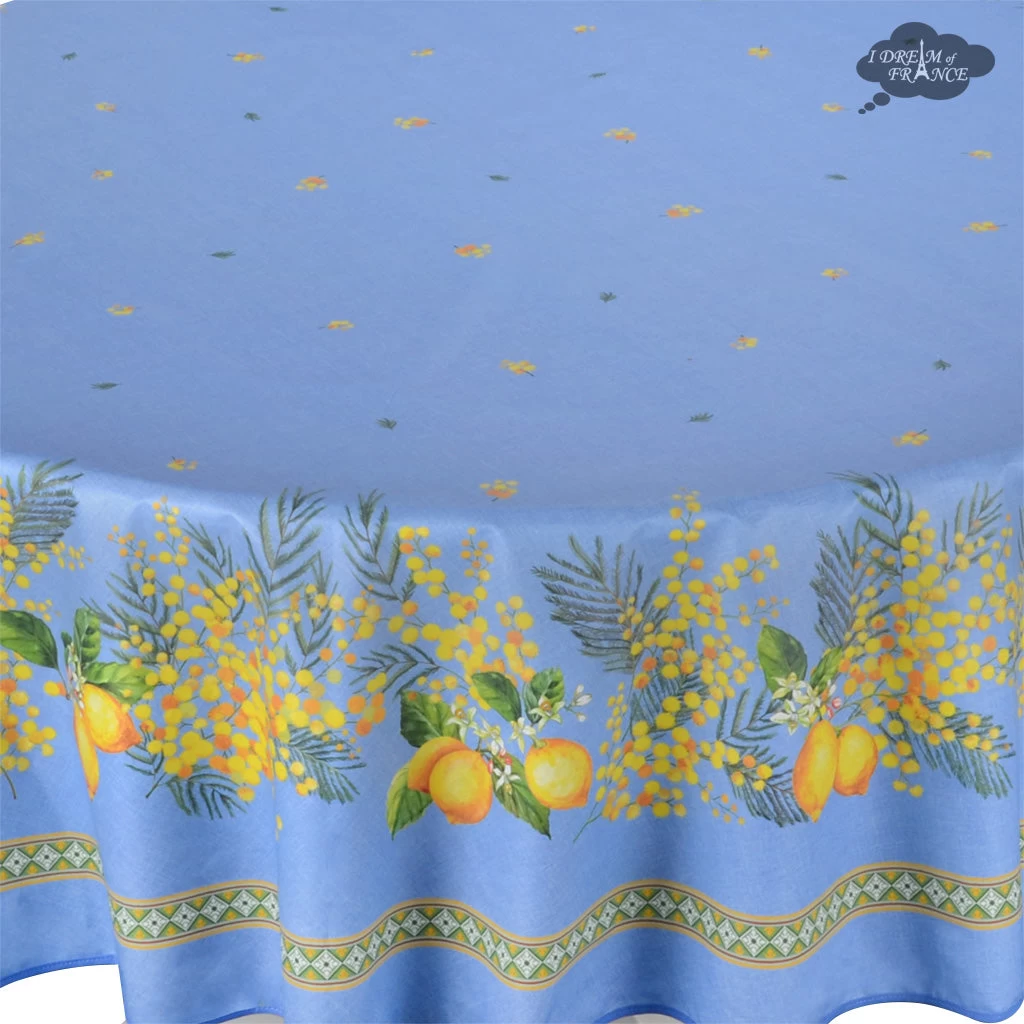 70" Round Lemon & Mimosa Blue Acrylic-Coated Cotton Tablecloth By L'Ensoleillade 5 70" Round Lemon & Mimosa Blue Acrylic-Coated Cotton Tablecloth By L'Ensoleillade - Image 3