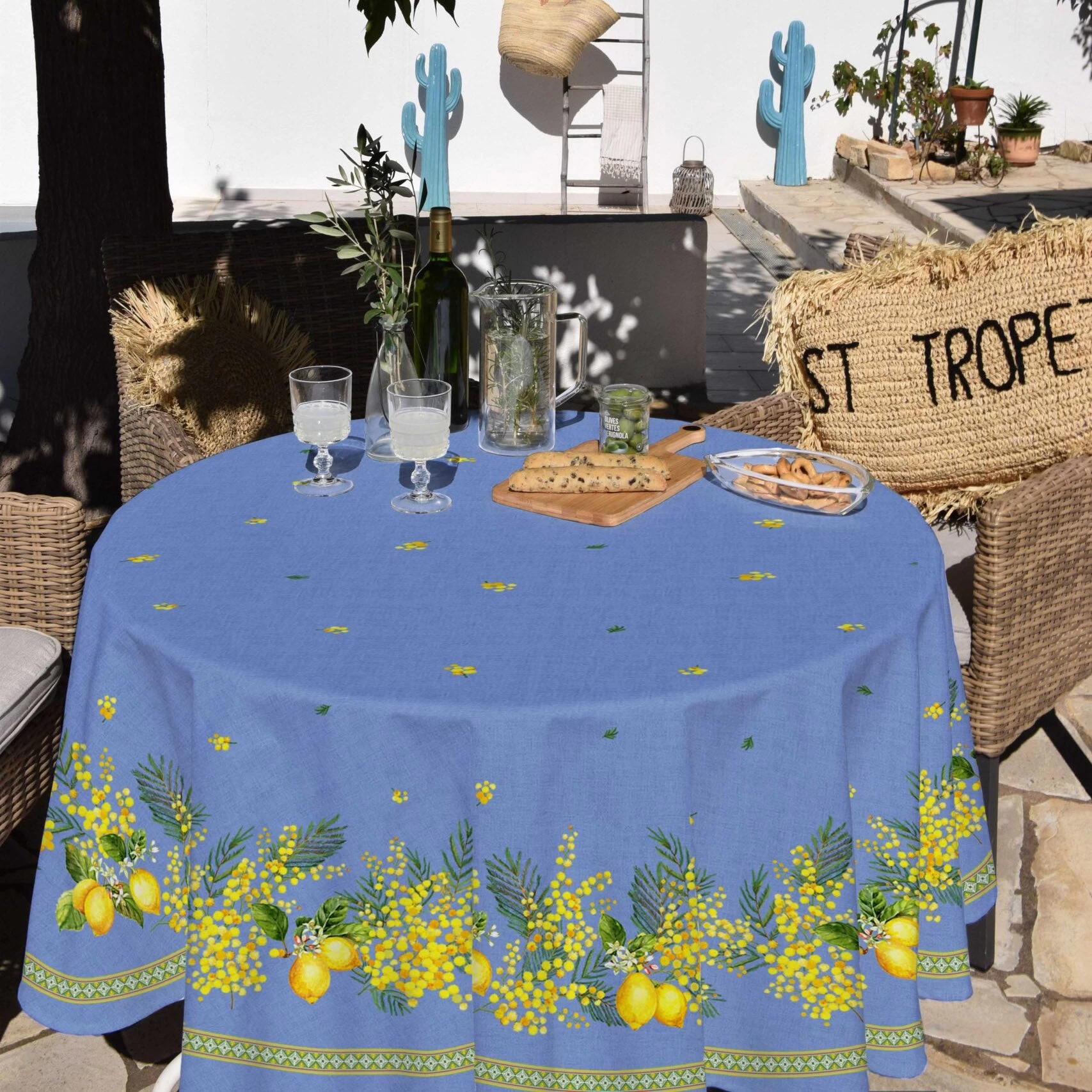 70" Round Lemon & Mimosa Blue Acrylic-Coated Cotton Tablecloth By L'Ensoleillade 4 70" Round Lemon & Mimosa Blue Acrylic-Coated Cotton Tablecloth By L'Ensoleillade - Image 2