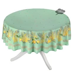 70" Round Lemon & Mimosa Green Acrylic-Coated Cotton Tablecloth By L'Ensoleillade