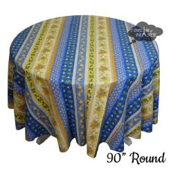 90" Round Monaco Blue & Yellow Acrylic-Coated Cotton Provence Tablecloth By Le Cluny
