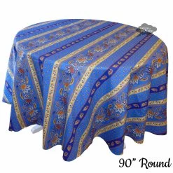 90" Round Lisa Blue Acrylic-Coated Cotton Provence Tablecloth By Le Cluny