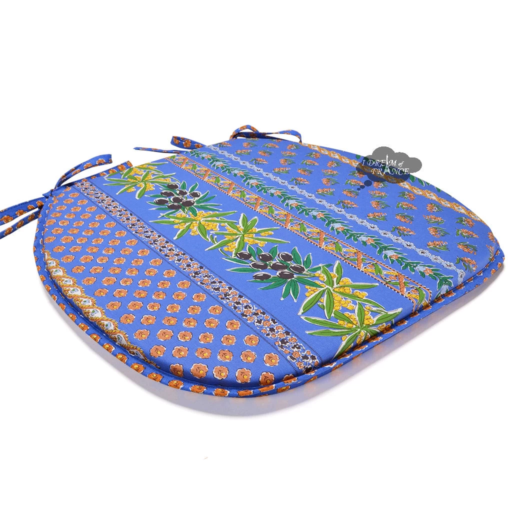 Olives Blue Acrylic-Coated Cotton French Style Chair Pad By Le Cluny 4 Olives Blue Acrylic-Coated Cotton French Style Chair Pad By Le Cluny - Image 2
