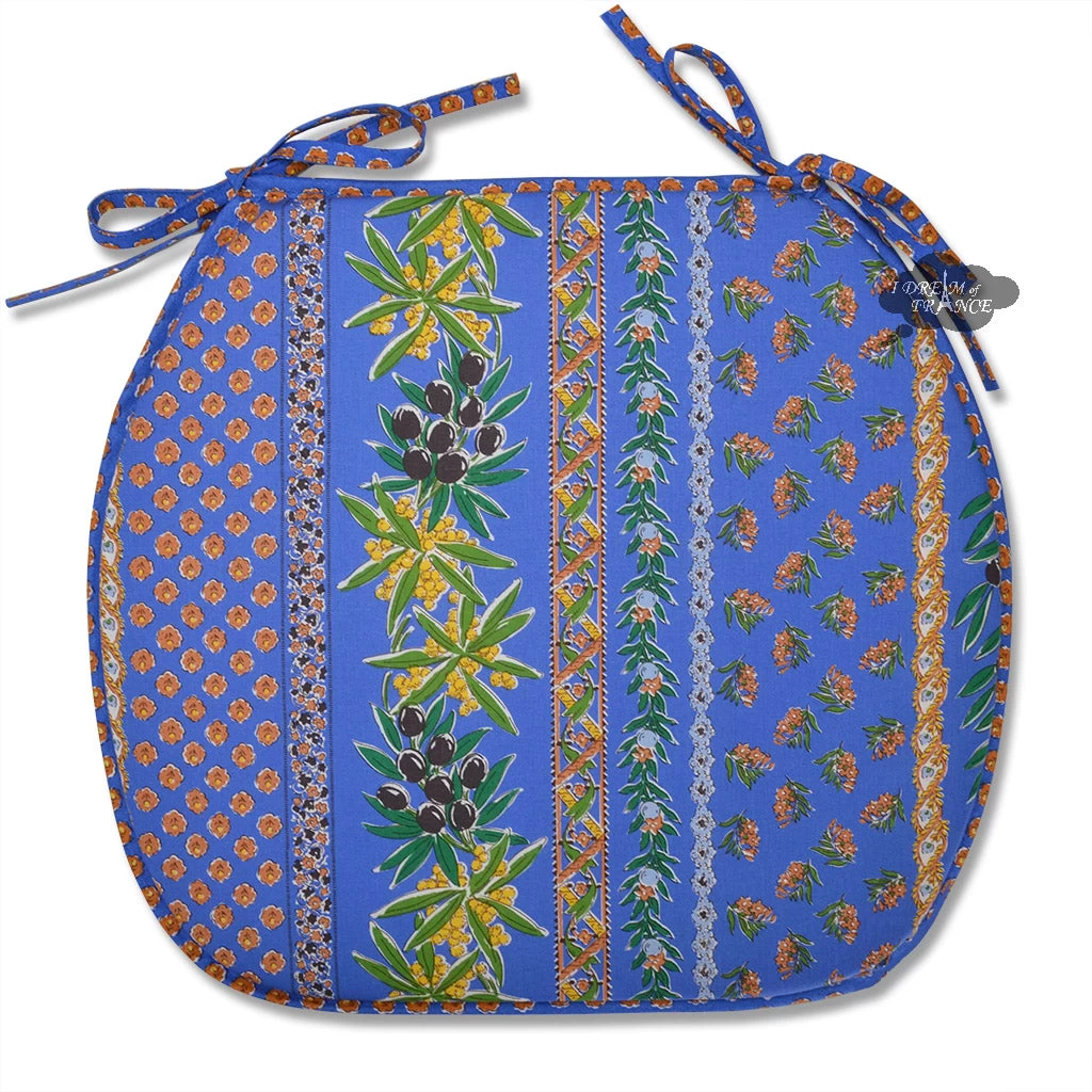 Olives Blue Acrylic-Coated Cotton French Style Chair Pad By Le Cluny 3 Olives Blue Acrylic-Coated Cotton French Style Chair Pad By Le Cluny