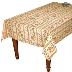 60x84" Rectangular Fayence Cream Acrylic-Coated Cotton French Tablecloth By Le Cluny