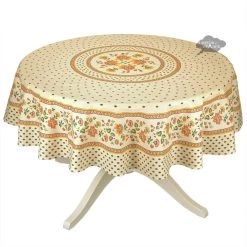 68" Round Fayence Cream Cotton Acrylic Coated French Tablecloth By Le Cluny