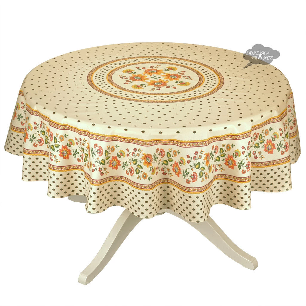 68" Round Fayence Cream Cotton Acrylic Coated French Tablecloth By Le Cluny 3 68" Round Fayence Cream Cotton Acrylic Coated French Tablecloth By Le Cluny