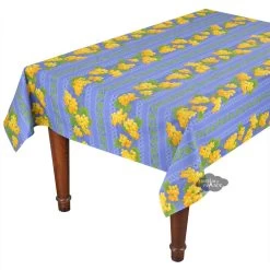 58" Square Grapes Blue Acrylic-Coated Cotton Provence Tablecloth By Le Cluny