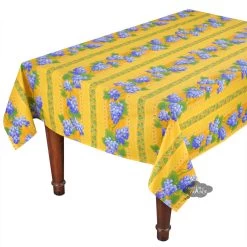 58" Square Grapes Yellow Acrylic-Coated Cotton Provence Tablecloth By Le Cluny