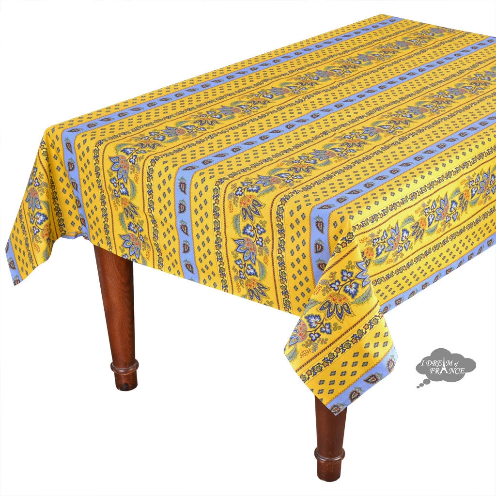 58" Square Lisa Yellow Acrylic-Coated French Country Tablecloth By Le Cluny 3 58" Square Lisa Yellow Acrylic-Coated French Country Tablecloth By Le Cluny