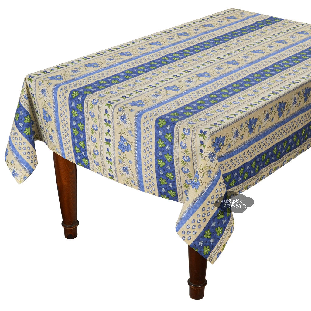 60x120" Rectangular Monaco Beige & Blue Acrylic-Coated Cotton Provence Tablecloth By Le Cluny 3 60x120" Rectangular Monaco Beige & Blue Acrylic-Coated Cotton Provence Tablecloth By Le Cluny