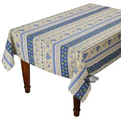 52x72" Rectangular Monaco Blue & Beige Acrylic-Coated Cotton Provence Tablecloth By Le Cluny