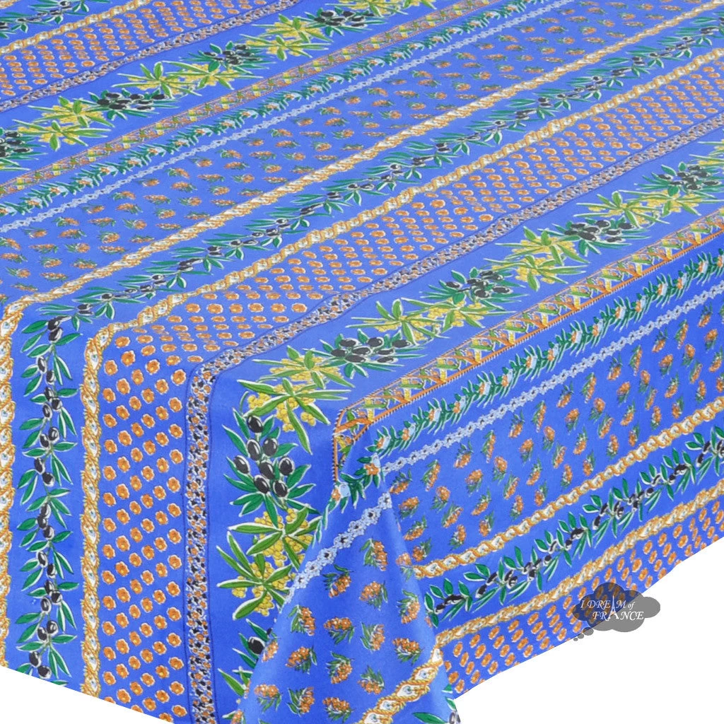 58" Square Olives Blue Acrylic-Coated Cotton Provence Tablecloth By Le Cluny 4 58" Square Olives Blue Acrylic-Coated Cotton Provence Tablecloth By Le Cluny - Image 2
