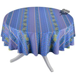 70" Round Olives Blue Striped Acrylic-Coated Cotton Provence Tablecloth By Le Cluny