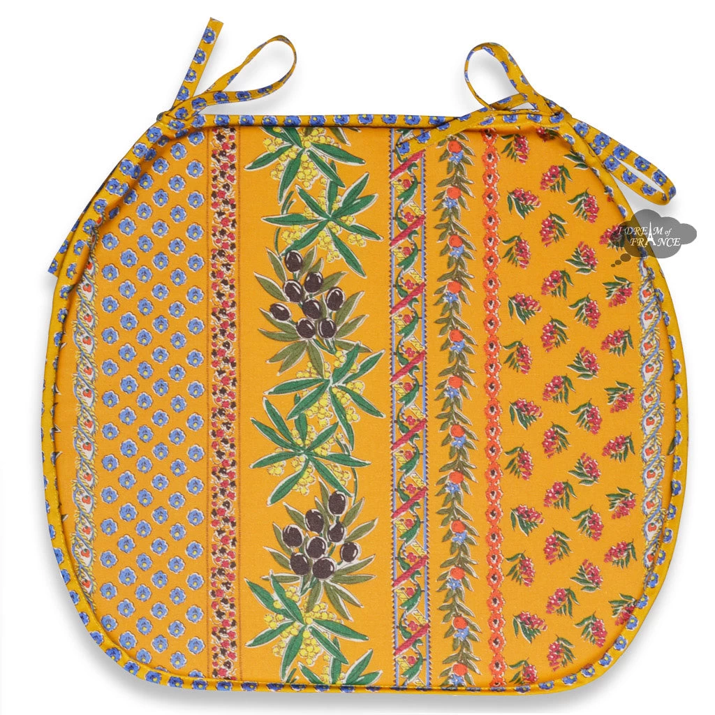 Olives Yellow Acrylic-Coated Cotton French Style Chair Pad By Le Cluny 3 Olives Yellow Acrylic-Coated Cotton French Style Chair Pad By Le Cluny