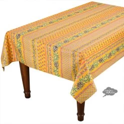 58" Square Olives Yellow Acrylic-Coated Cotton Provence Tablecloth By Le Cluny