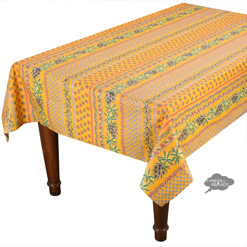 58" Square Olives Yellow Acrylic-Coated Cotton Provence Tablecloth By Le Cluny 3 58" Square Olives Yellow Acrylic-Coated Cotton Provence Tablecloth By Le Cluny