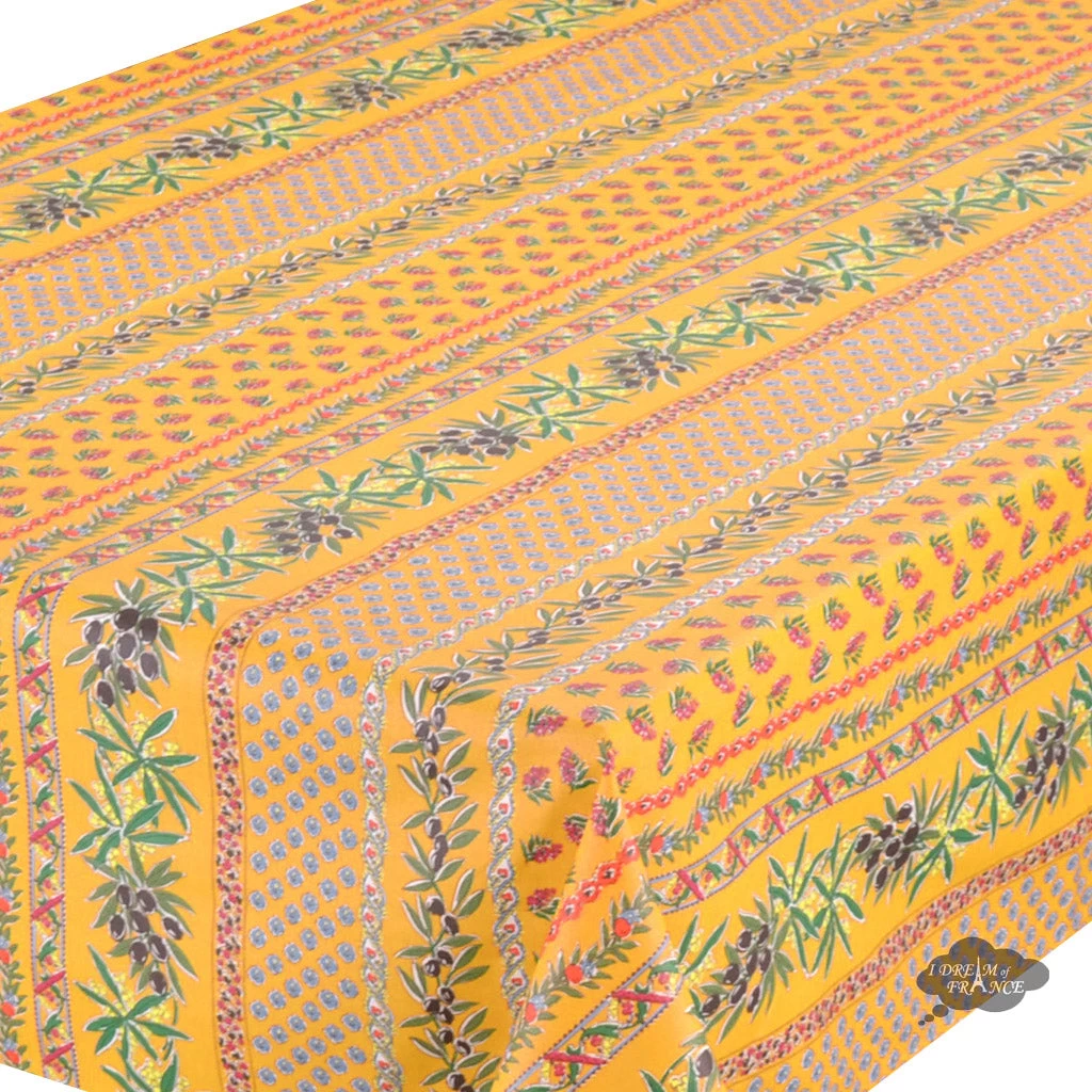 58" Square Olives Yellow Acrylic-Coated Cotton Provence Tablecloth By Le Cluny 4 58" Square Olives Yellow Acrylic-Coated Cotton Provence Tablecloth By Le Cluny - Image 2