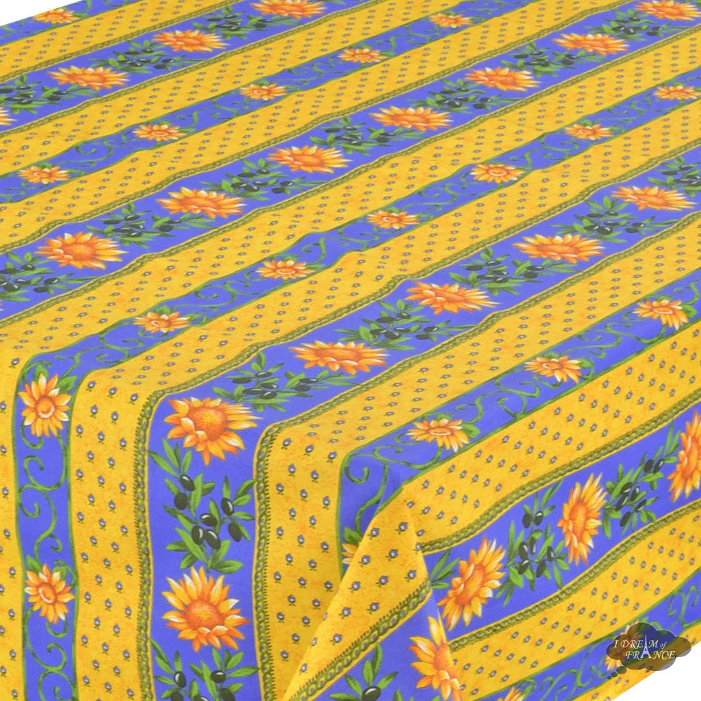 60x132" Rectangular Sunflower Blue Acrylic-Coated Cotton Provence Tablecloth By Le Cluny 4 60x132" Rectangular Sunflower Blue Acrylic-Coated Cotton Provence Tablecloth By Le Cluny - Image 2