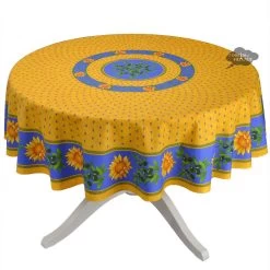 70" Round Sunflower Blue Cotton Provence Tablecloths By Le Cluny