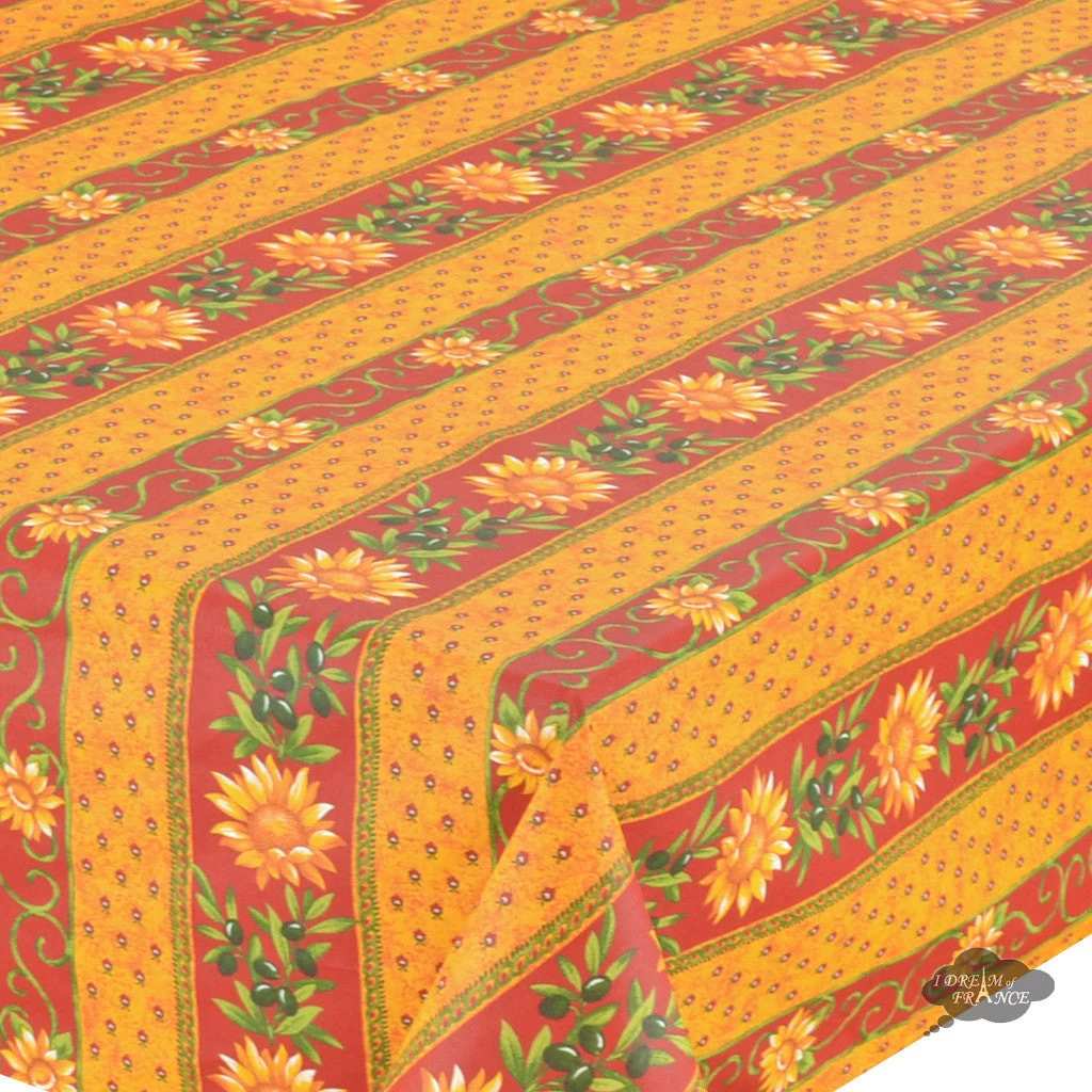 58" Square Sunflower Red Acrylic-Coated Cotton Provence Tablecloth By Le Cluny 4 58" Square Sunflower Red Acrylic-Coated Cotton Provence Tablecloth By Le Cluny - Image 2