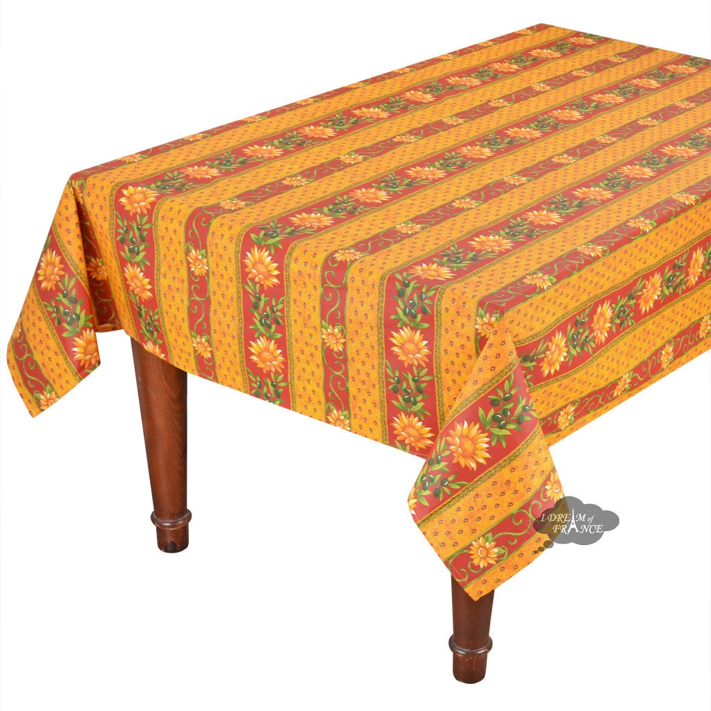 58" Square Sunflower Red Acrylic-Coated Cotton Provence Tablecloth By Le Cluny 3 58" Square Sunflower Red Acrylic-Coated Cotton Provence Tablecloth By Le Cluny