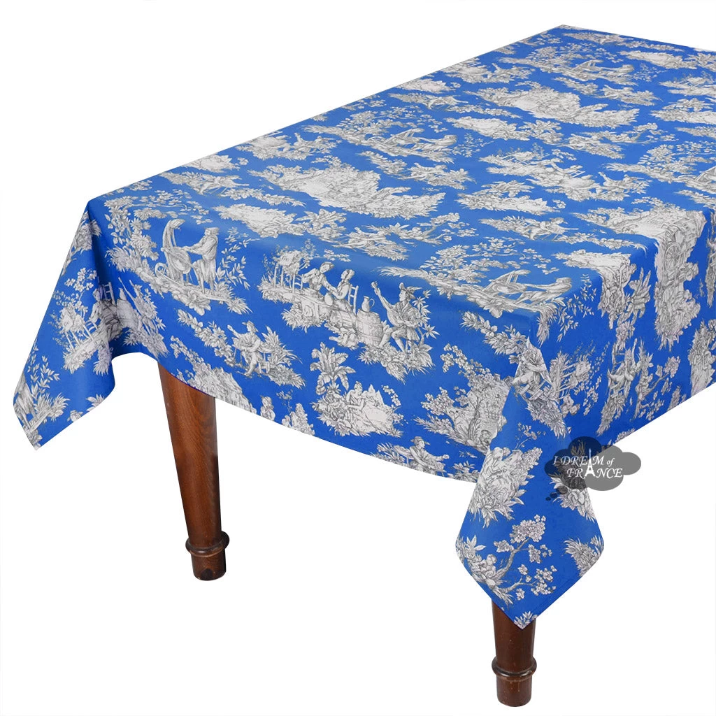 60x120" Rectangular Villandry Blue Toile Acrylic-Coated Cotton Tablecloth By Le Cluny 3 60x120" Rectangular Villandry Blue Toile Acrylic-Coated Cotton Tablecloth By Le Cluny