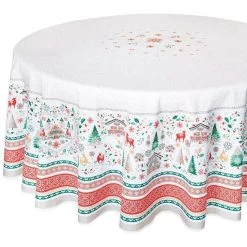 70" Round Mistletoe Red & Green Acrylic-Coated Cotton Tablecloth By Tissus Toselli