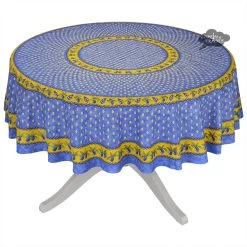 70" Round Monaco Blue & Yellow Acrylic-Coated Cotton Provence Tablecloth By Le Cluny