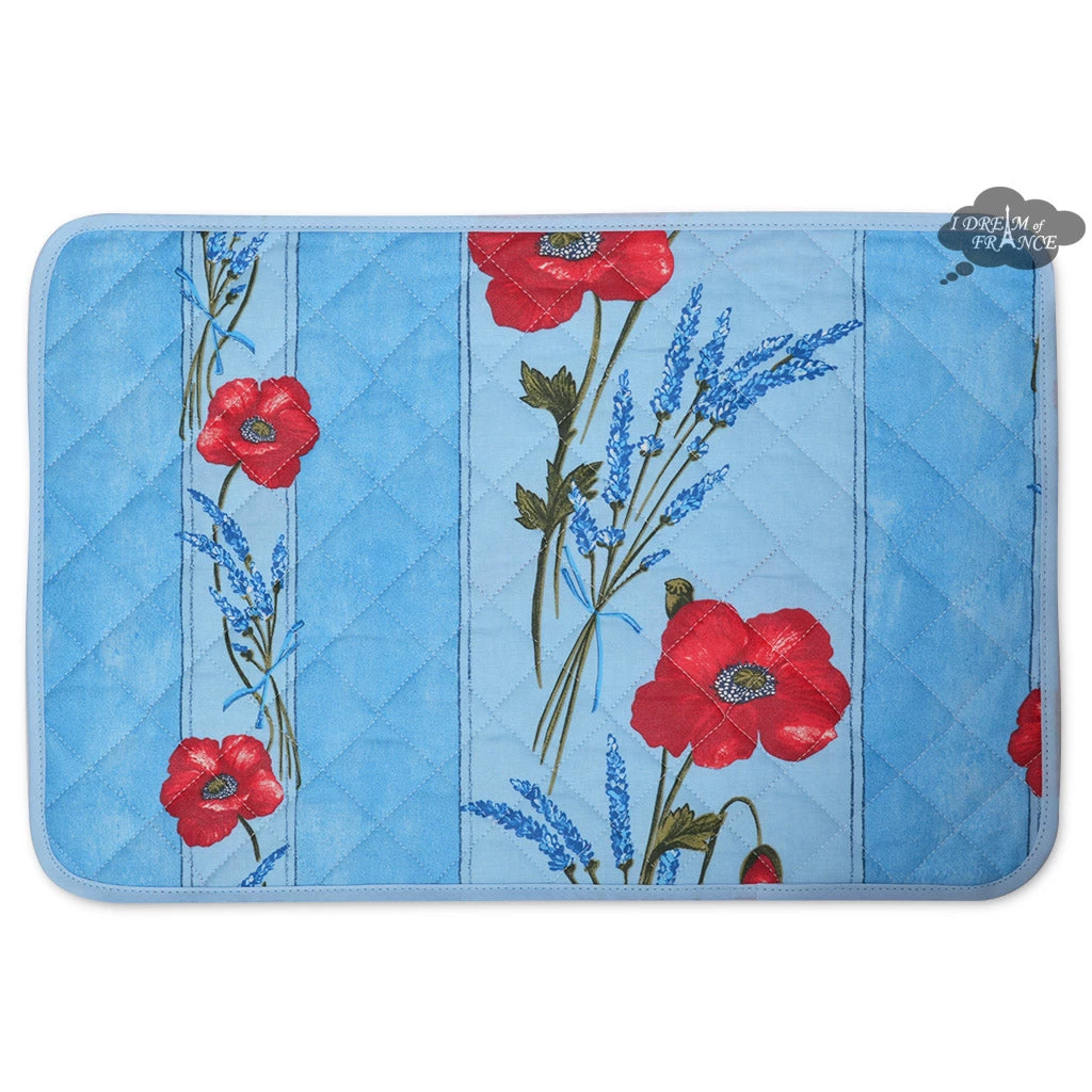 Poppies Sky Blue Acrylic-Coated Cotton Quilted Placemats By Tissus Toselli 3 Poppies Sky Blue Acrylic-Coated Cotton Quilted Placemats By Tissus Toselli