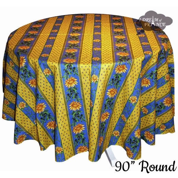 90" Round Sunflower Blue Acrylic-Coated Cotton Provence Tablecloth By Le Cluny 3 90" Round Sunflower Blue Acrylic-Coated Cotton Provence Tablecloth By Le Cluny