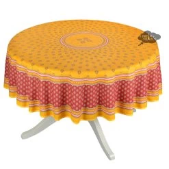 70" Round Sormiou Yellow & Red Acrylic-Coated Cotton Tablecloth By Label France